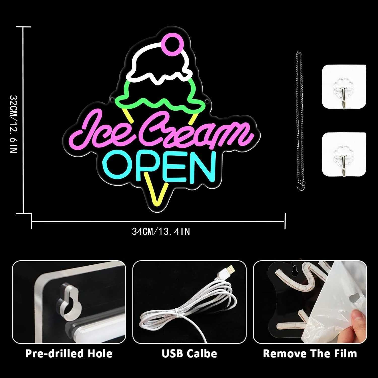 Ice Cream Open Neon Sign USB LED Neon Light for Business Store Dessert Shop Bar Party Cafe Decor Gift Light Up Sign Z260407