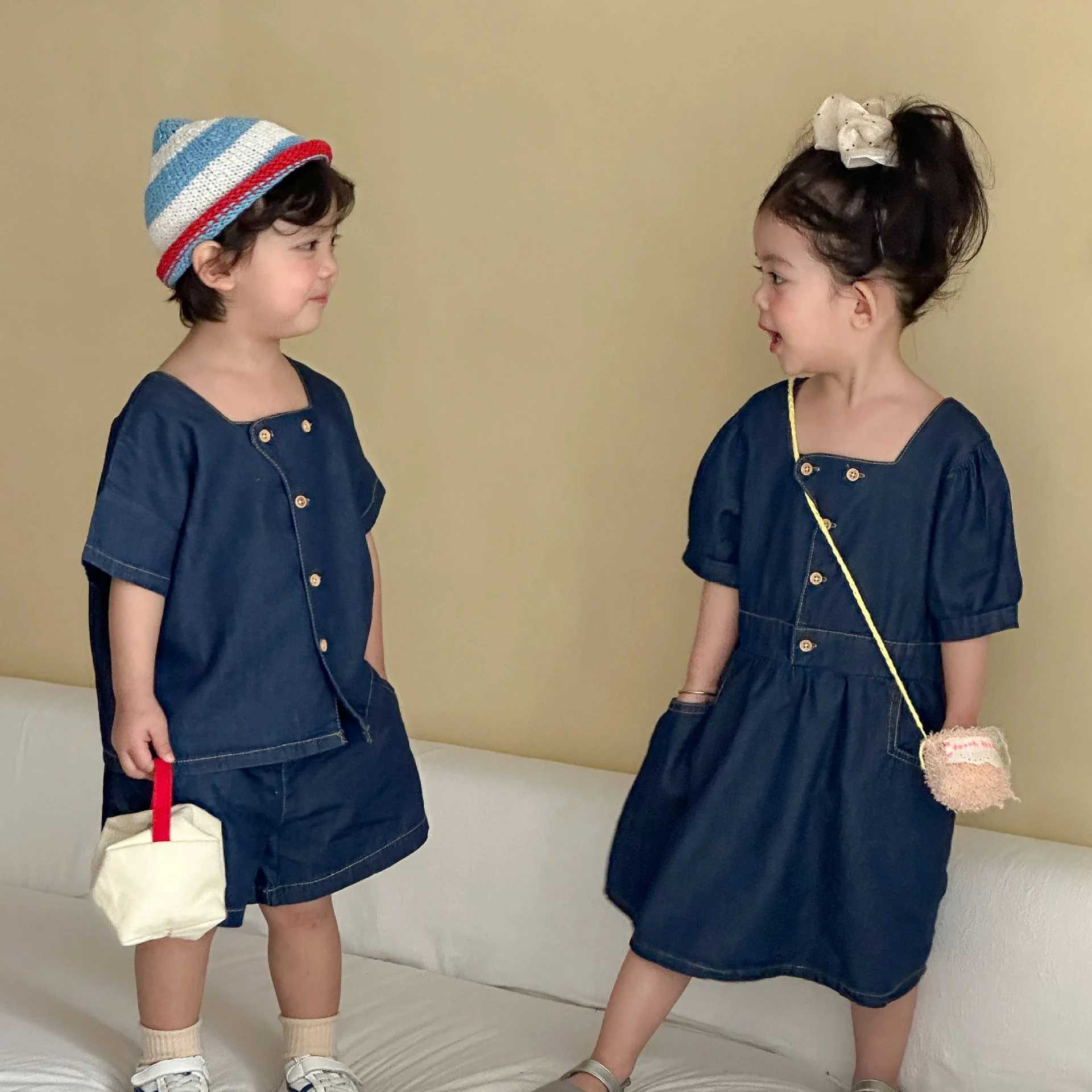 2026 Summer Cotton Denim Clothes Blue Square Neck Dress for Girls Diagonal Button TeeShorts 2Pcs Clothing for Boys H260407