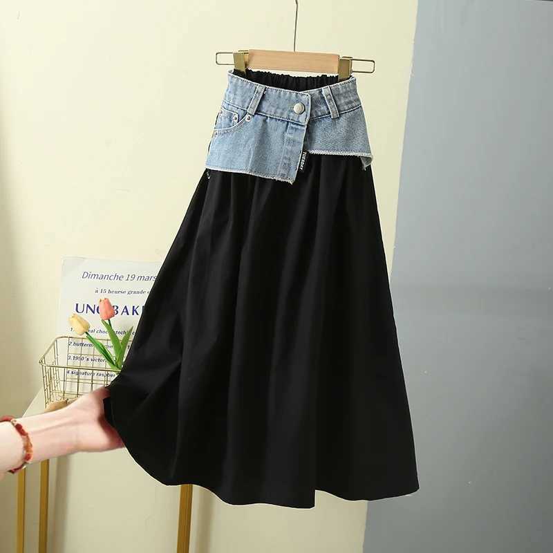 Korean Child Long Patchwork Denim Skirt For Teens Girls Elegant Summer Streetwear Clothing Kids High Waist A Line Black Skirt H260407