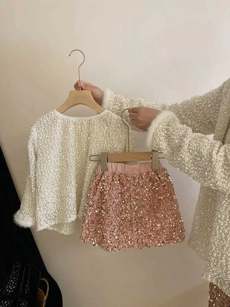 Girls Korean-Style Spring and Autumn New Sequined Cuff Beaded Jacket Pink Skirt Two-Piece Set H260407