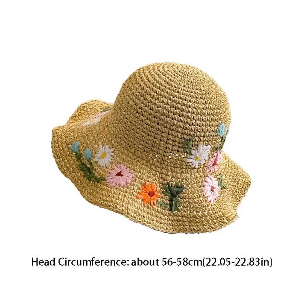 Fashion Colorful Flower Straw Hat Boho Embroidered Flower Weave Hat Foldable Korean Style Womens Sun Hats Outdoor H260407