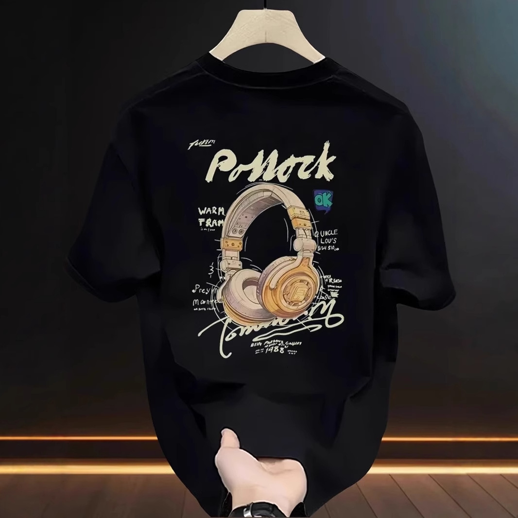 Luxury Designer Men's Casual Sport T-shirt Headphone Graffiti Print Oversized Cotton Tee High-end Street Fashion Premium Summer Activewear