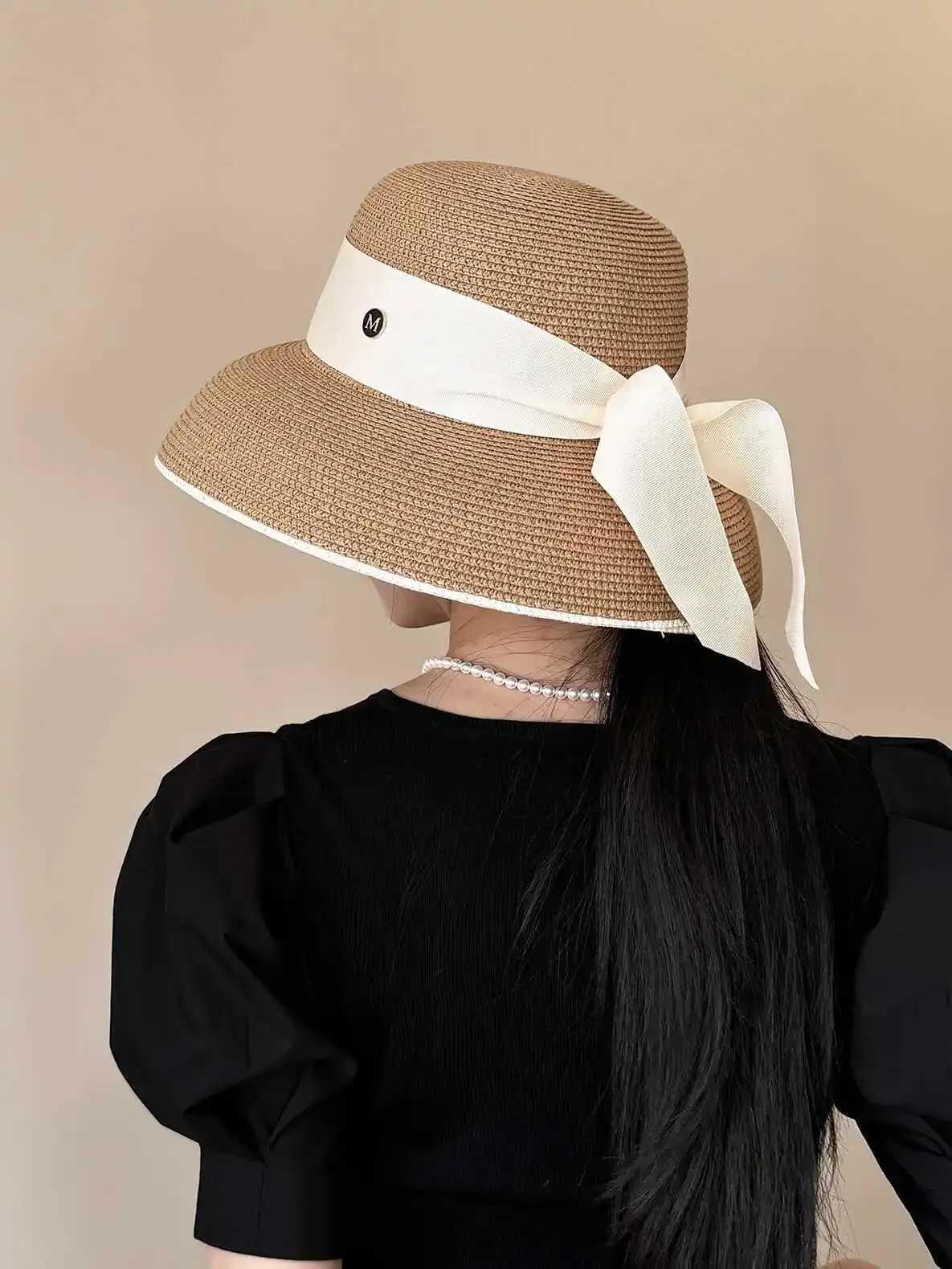 Womens French Retro Straw Sun Hat with Bow Detail - Hepburn Style Elegant Wide Brim UPF 50 Sun Protection for Beach Vacation H260407