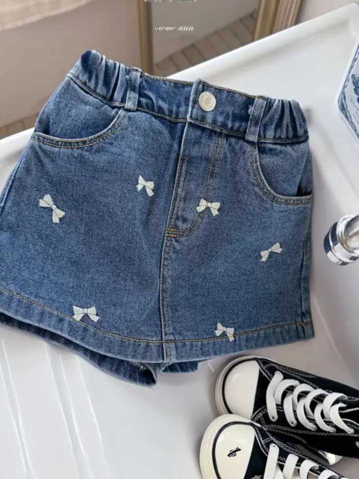 New Korean Childrens Clothing Styles Skirt Spring Summer Girls Embroidered Bow Washed Denim A-line Half Length Skirt Pants 2-9Y H260407