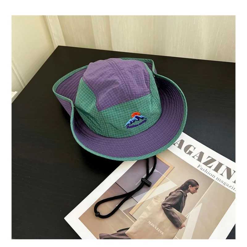 Japanese Color-blocked Bucket Hat Spring and Summer Outdoor Shade Windproof Lace-up Quick-drying Hiking Cap for Men and Women H260407