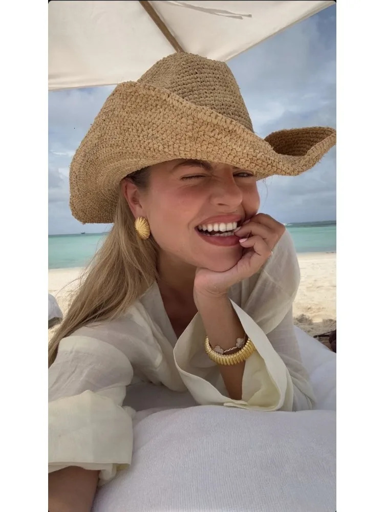 Hand-crocheted Natural Raffia Straw Western Cowboy Hat for Women Men Summer Wide Brim Sun Hat Outdoor Breathable Beach Panama 260407