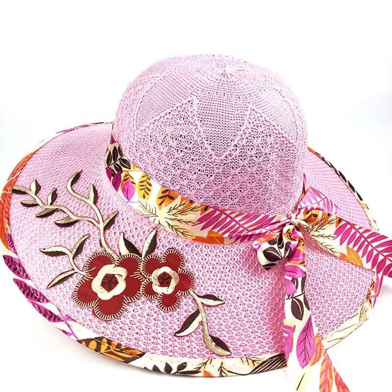 Summer Women Flower Embroidery Hat Wide Brim Satin Ribbon Bow Straw Hat Panama Hats Female Outdoor Foldable Beach Sun Cap 1pc H260407