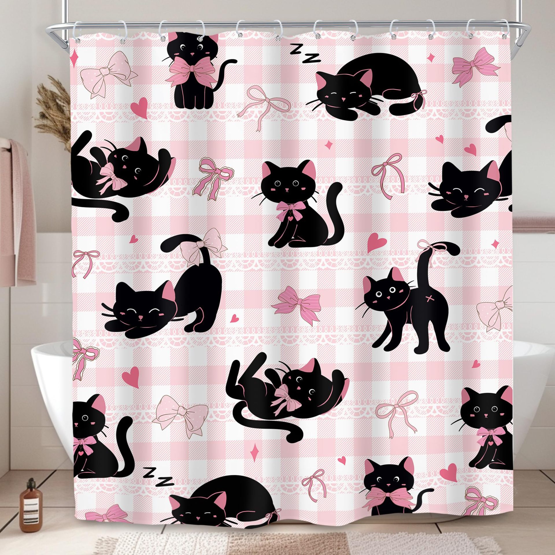 Shower Curtain Fun Bow Black Cat Animal Theme Cute Style Digital Printing Waterproof Mildew Proof Bathroom Toilet Partition Curtain