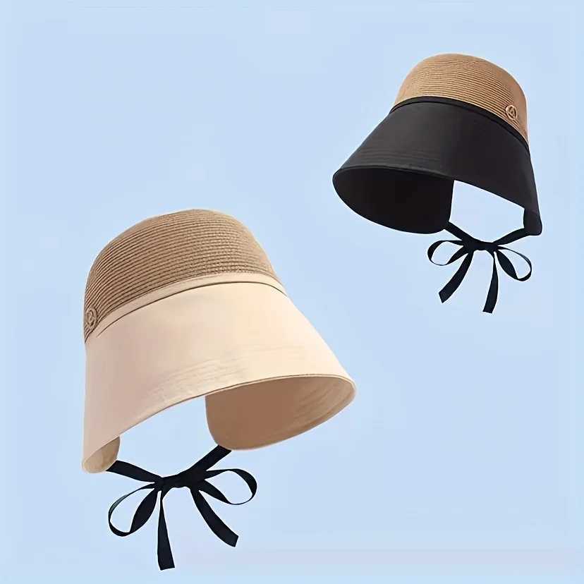 1pc Womens Versatile Patchwork Straw Hat with Pocket ScarfTravel Sunshade Dome Wide Brim Face Cover Bucket Hat for Beachparty H260407