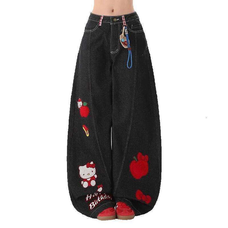 American Retro Cartoon Cat Embroidered Scythe Jeans For Women Summer New Style Loose And Slimming Wide-Leg Pants - view 7