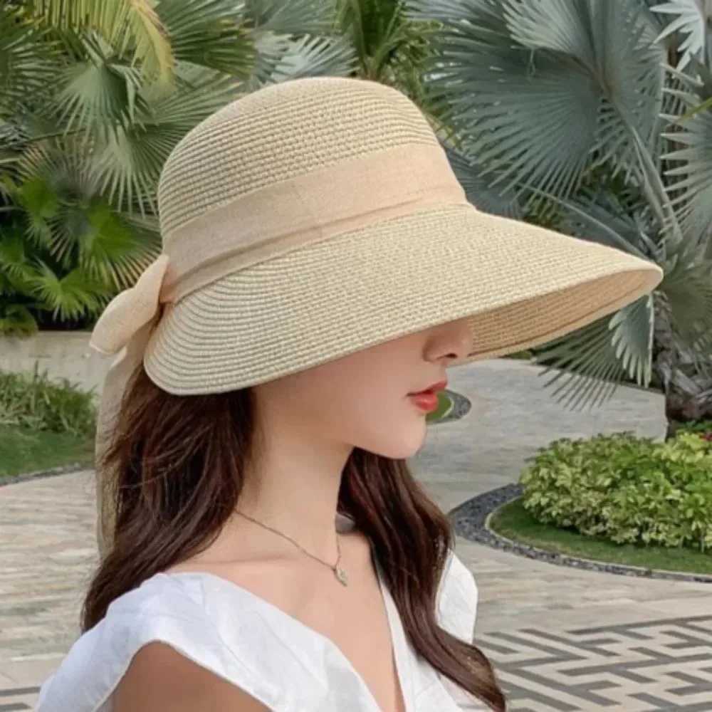 Korean Style Summer Sun Protection Woven WomenS Straw Hat Bow Tie Elegant Beach Hat Large Brim Sun Hat for Vacation Sun Hat H260407