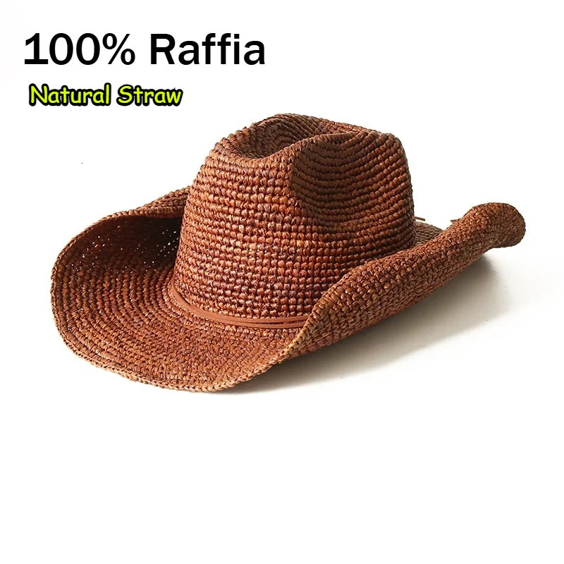 Hand-crocheted Natural Raffia Straw Western Cowboy Hat for Women Men Summer Wide Brim Sun Hat Outdoor Breathable Beach Panama 260407