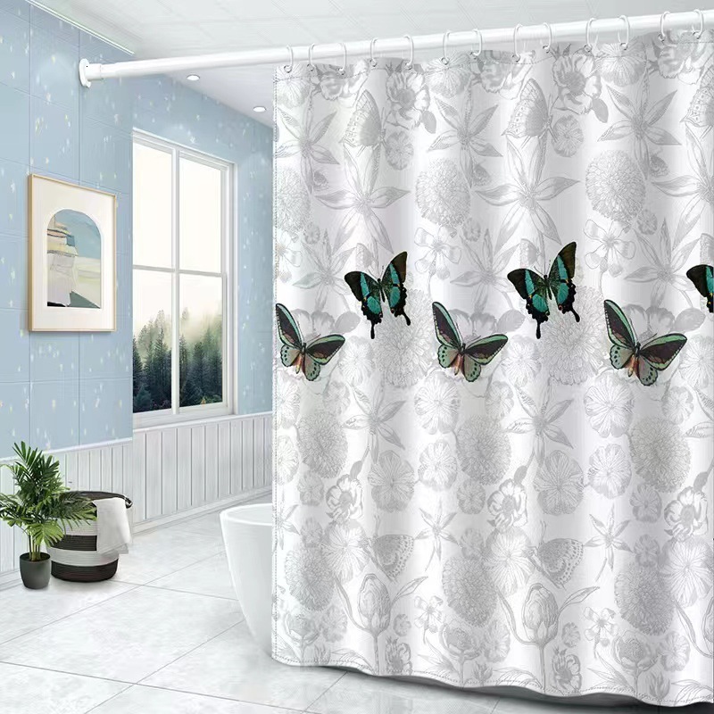 Shower Curtain Butterfly And Flower Print Background Thickened Polyester Fabric Waterproof Mildew Proof Bathroom Partition Hanging Curtain