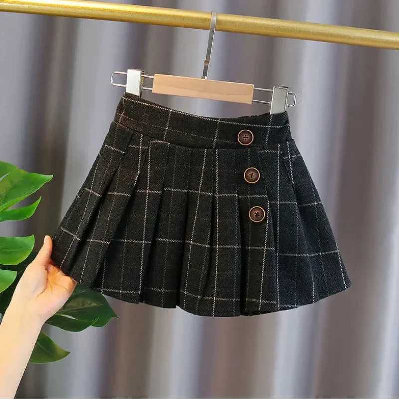 Kids Girls Pleated Skirts Woolen Plaid Skirts 2024 New Arrival Children Princess Coffee Black Skirts School Wear Clothes 3-16Y H260407