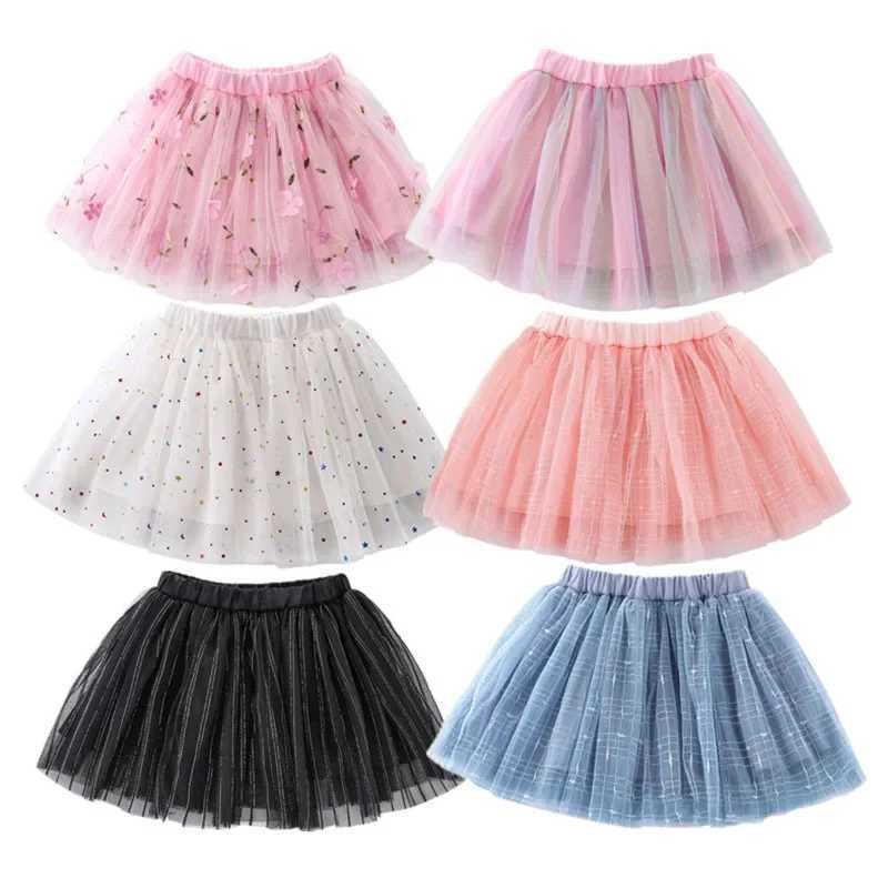 2024 New Embroidery Kids Girls Mesh Skirts Princess Pretty Stars Sequined Pleated Tutu Floral Girl Lace Faldas Dance Clothes H260407