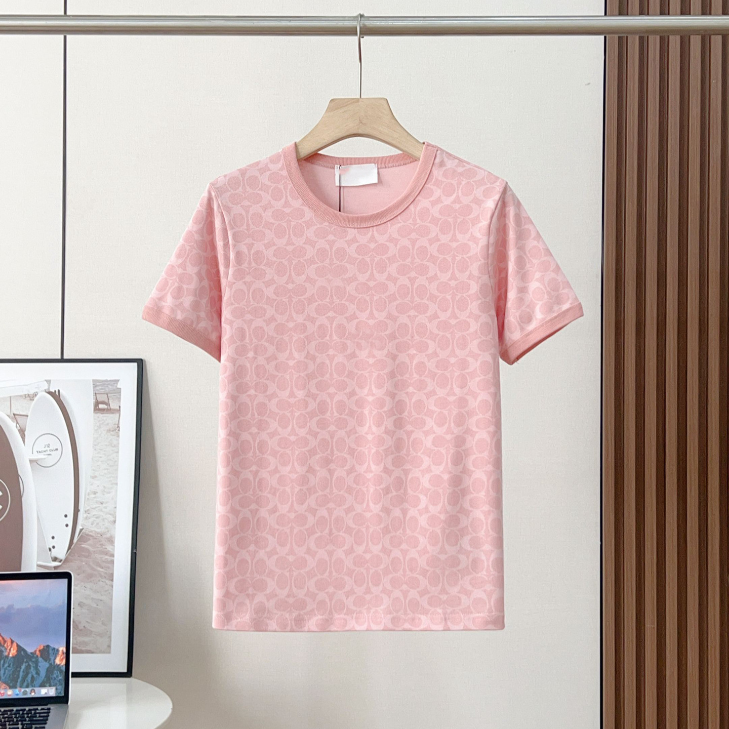 Designer Coac T Shirt Koujia Pink All-over Print Vintage T-shirt 2026s New Model Pure Cotton Round Neck Slim Fit Fashionable And Versatile Short-sleeve For Women