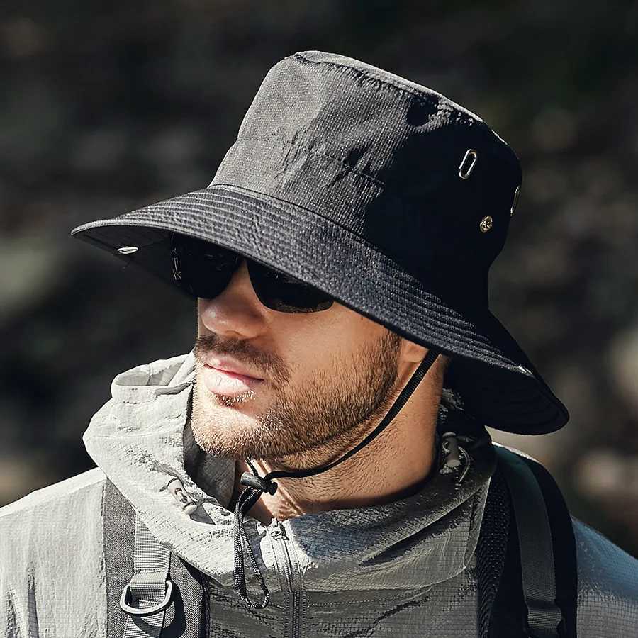 Summer Wide Large Brim Men Fisherman Hat Fishing Hiking Climbing Outdoor Sun hat Breathable UV Protection Waterproof Bucket Hat H260407