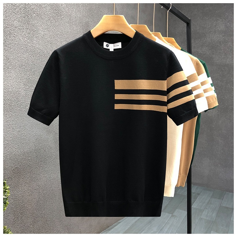 Luxury Brand Designer 2026 New Summer Trend Versatile Round Neck Knit Short Sleeve Color-Block Thin T-Shirt Men Base Layer Shirt