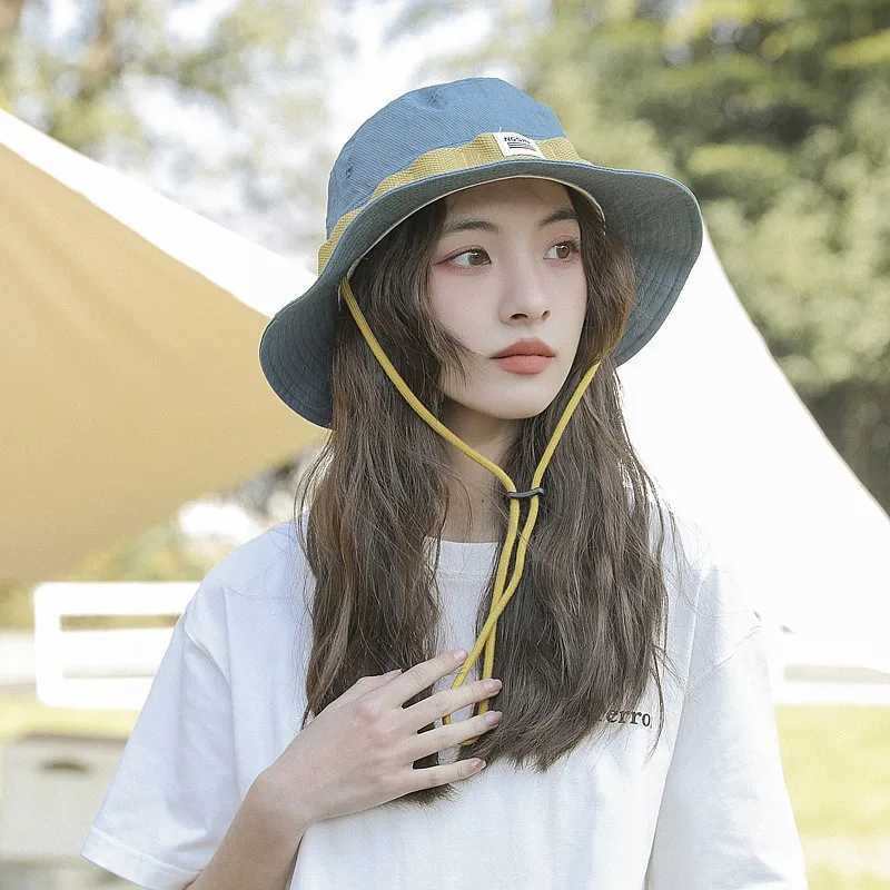Womens sunscreen bucket hat Outdoor hiking sun hat Foldable hat Lanyard sun hat H260407