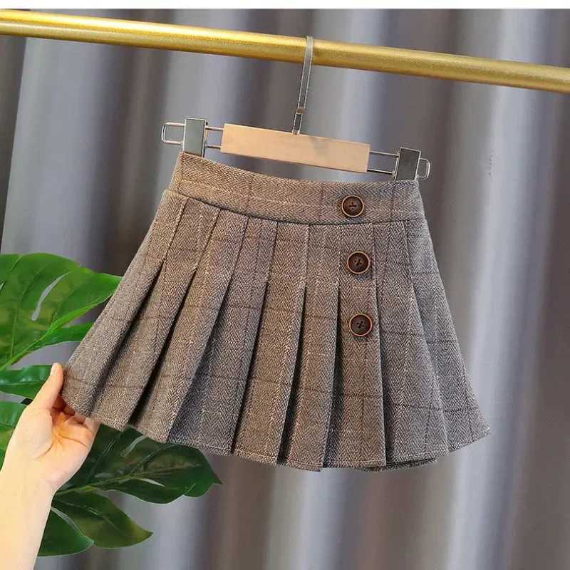 Kids Girls Pleated Skirts Woolen Plaid Skirts 2024 New Arrival Children Princess Coffee Black Skirts School Wear Clothes 3-16Y H260407