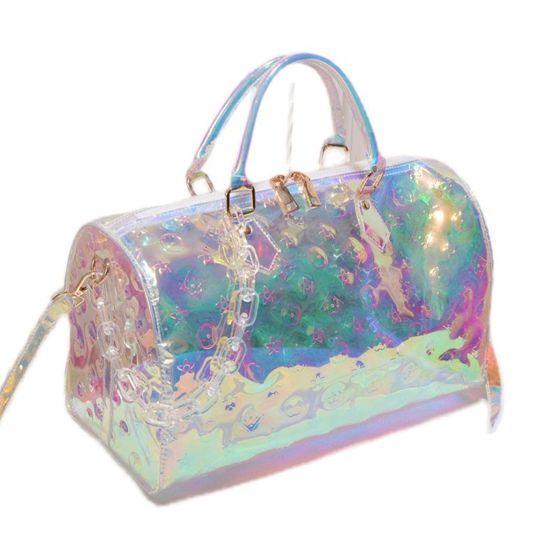 2026 New Arrival Holographic Monogram Boston Bag for Women - Transparent Iridescent Handbag with Chain, Futuristic Luxury Tote