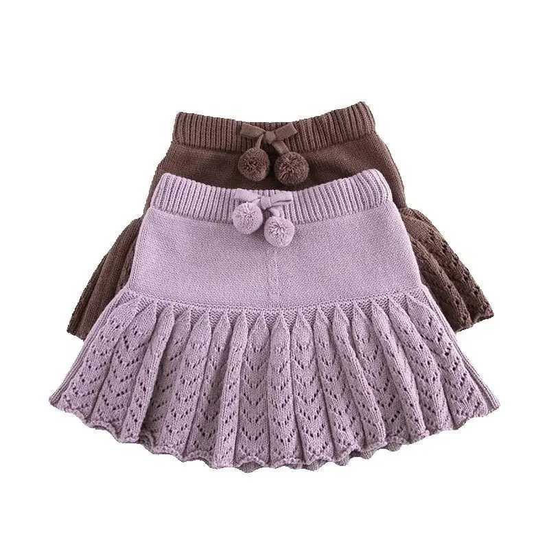 2026 Spring Autumn Kids Short Skirt Girls Cute Solid Color Knitted Pleated Skirt Children Hollow Out Knitted Shorts H260407