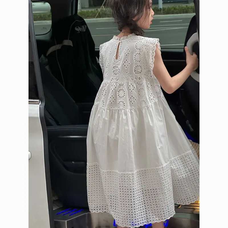 Cotton Medium To Large Childrens Clothing Lace White Dress Girls Princess Little Fresh Vest Dress 2025 Summer New Style H260407