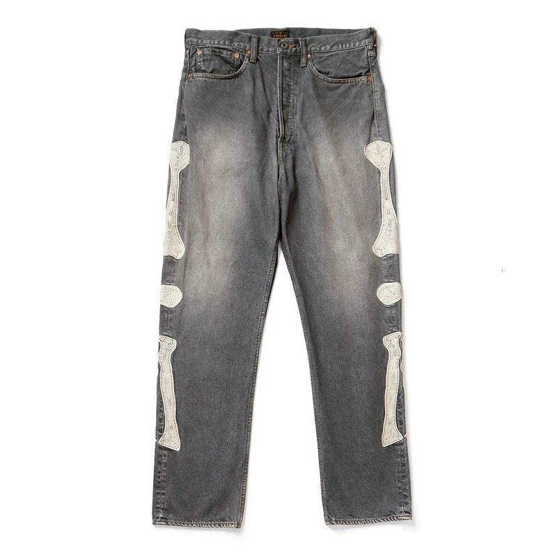 High Quality Japan KAPITAL Hirata Kazuhiro Bone Skeleton Embroidered Pattern Casual Jeans for Men 260401
