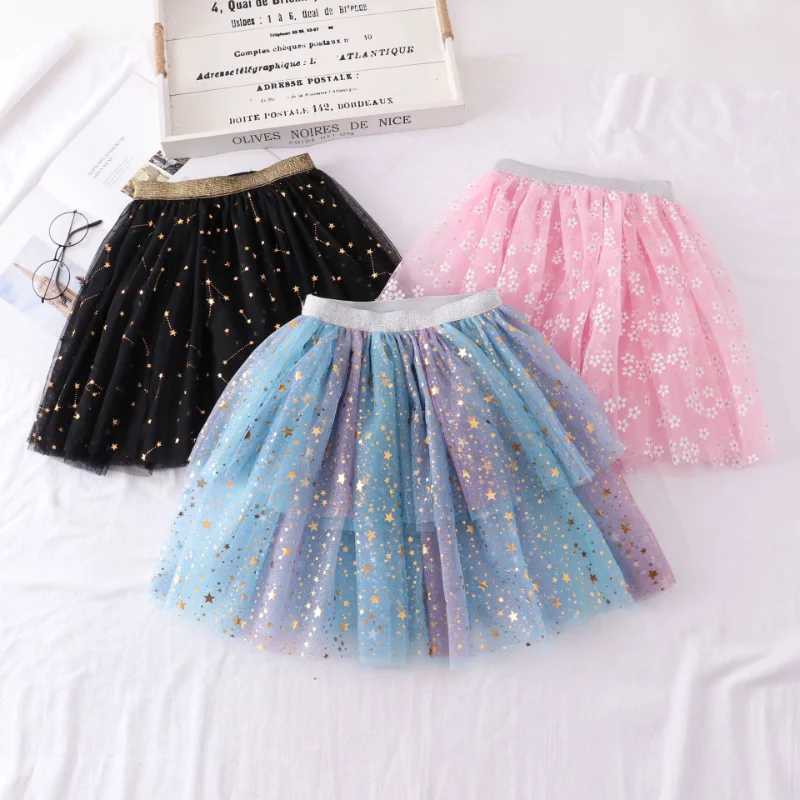 2023 Summer Girls Stars Sequin Mesh Tutu Skirt Fairy Print Puffy Cake Skirts School Girl Pleated Princess Skirt H260407