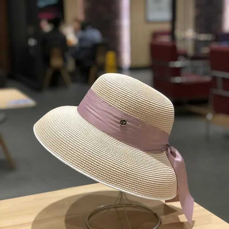 Womens French Retro Straw Sun Hat with Bow Detail - Hepburn Style Elegant Wide Brim UPF 50 Sun Protection for Beach Vacation H260407