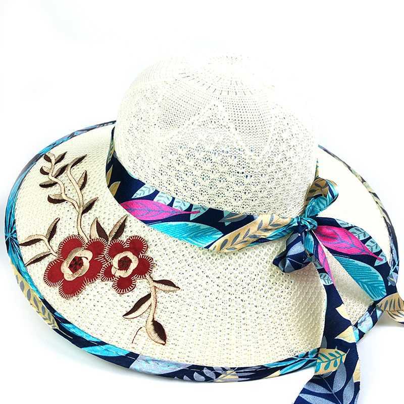 Summer Women Flower Embroidery Hat Wide Brim Satin Ribbon Bow Straw Hat Panama Hats Female Outdoor Foldable Beach Sun Cap 1pc H260407