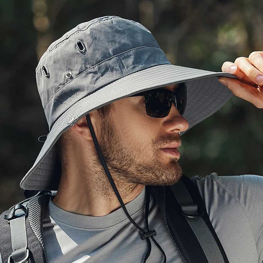 Summer Wide Large Brim Men Fisherman Hat Fishing Hiking Climbing Outdoor Sun hat Breathable UV Protection Waterproof Bucket Hat H260407