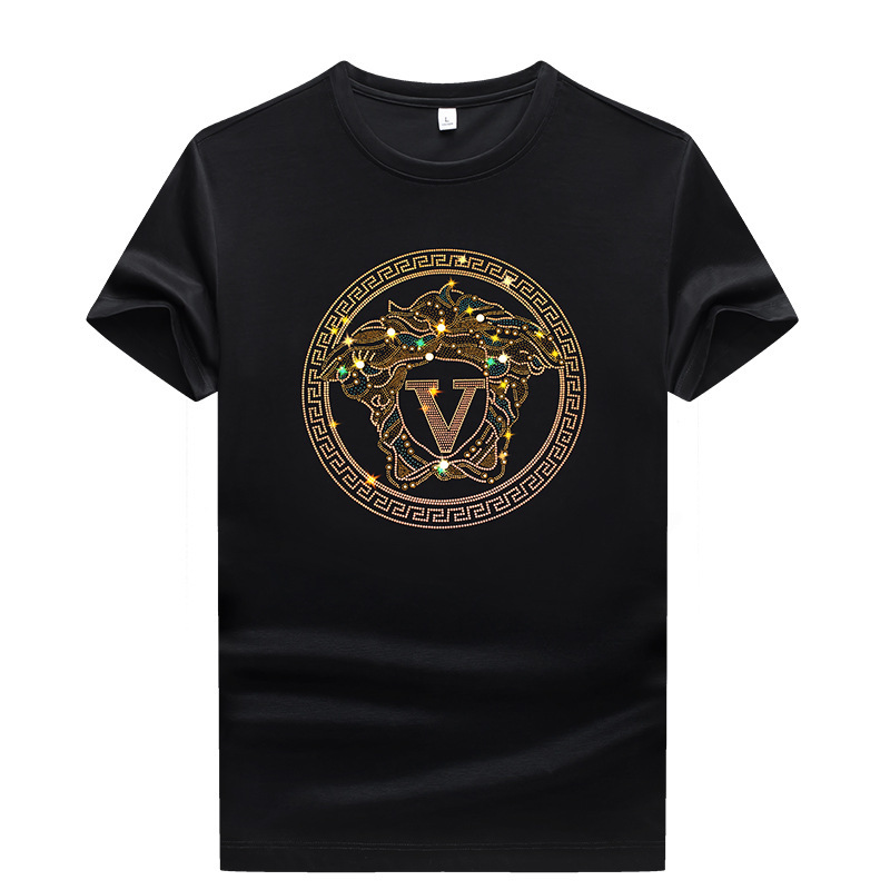 Luxury Brand Designer Trendy High-End Ice Silk Rhinestone Short Sleeve T-Shirt Men Fashion European Casual European Station Mercerized Cotton Men Thin