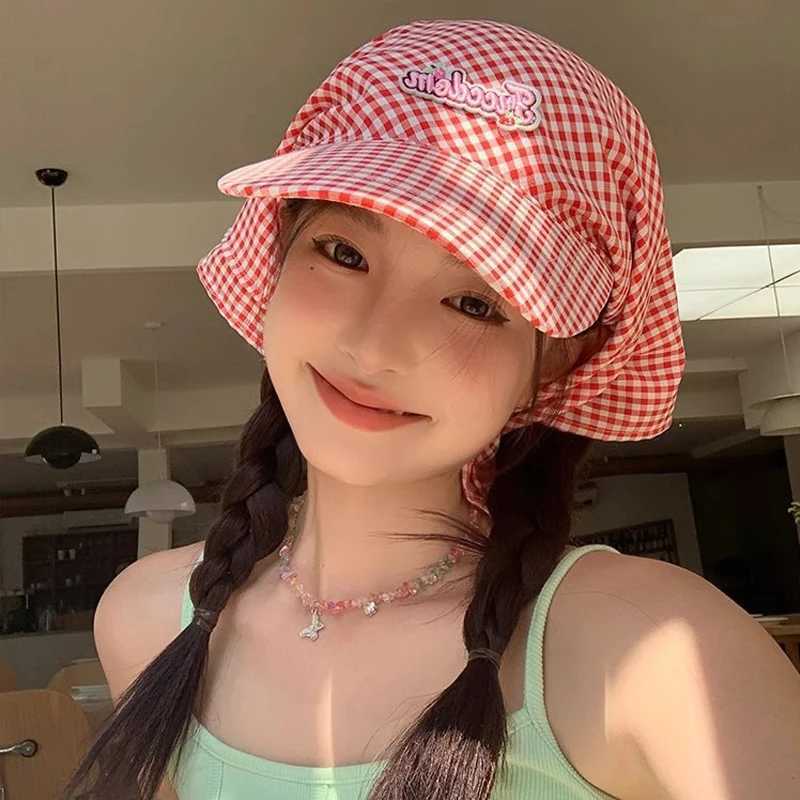 Womens Sunshade Hats Plaid Simple Sweet Personality Fashion Trendy Korean Style Versatile Headwears Outdoor Beach Head Scarfs H260407