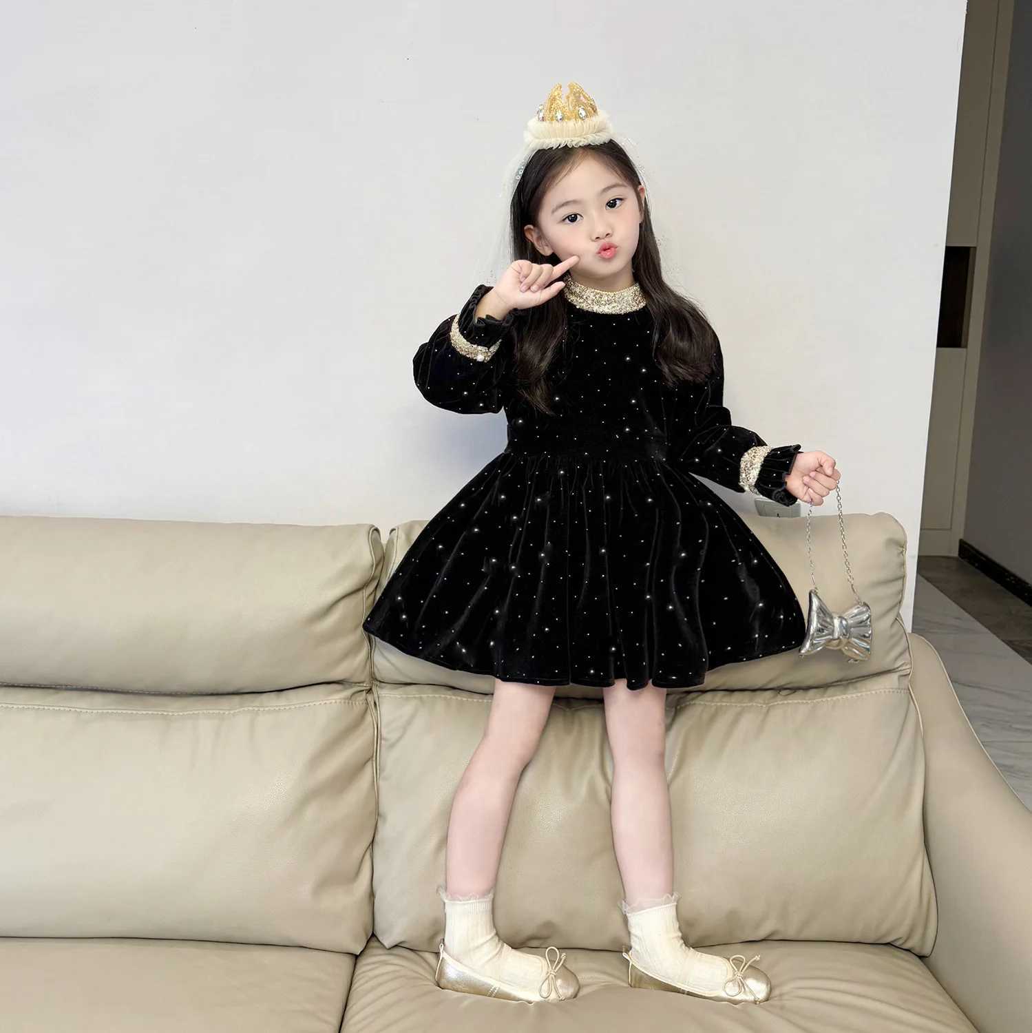 Girls Elegant Velvet Dress 2026 Spring and Autumn New Children Baby Dress Small Fragrant Style Princess Dress H260407