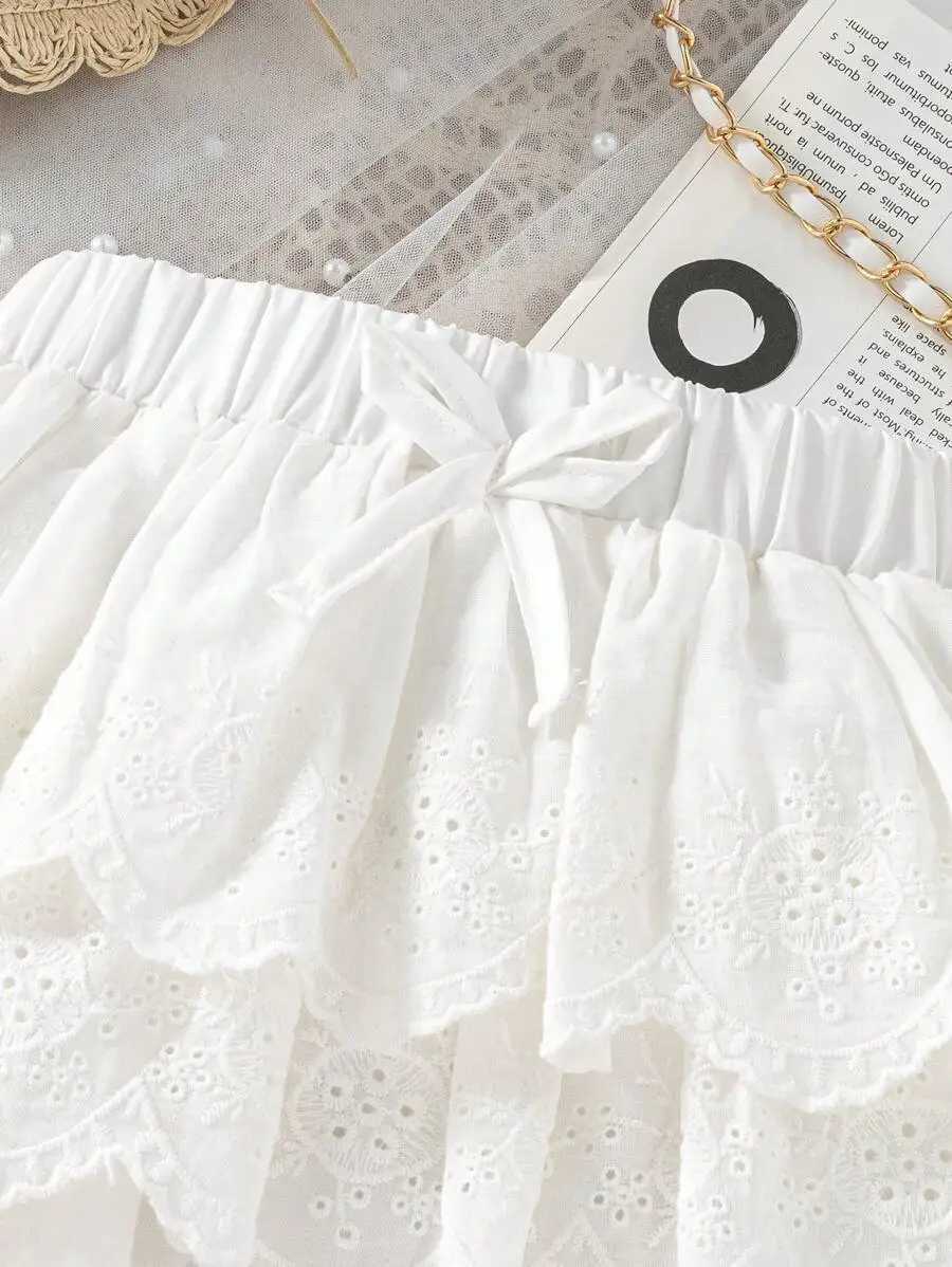 White Tiered Lace Skirt for Girls Sweet Ruffled Design with Elastic Waist H260407