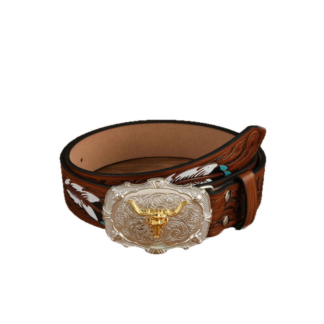 2026 Designer Luxury American Western Cowboy Vintage Carved Buckle Belt For Men And Women Trendy Animal Bull Head Pattern Belt Men's Unique Style