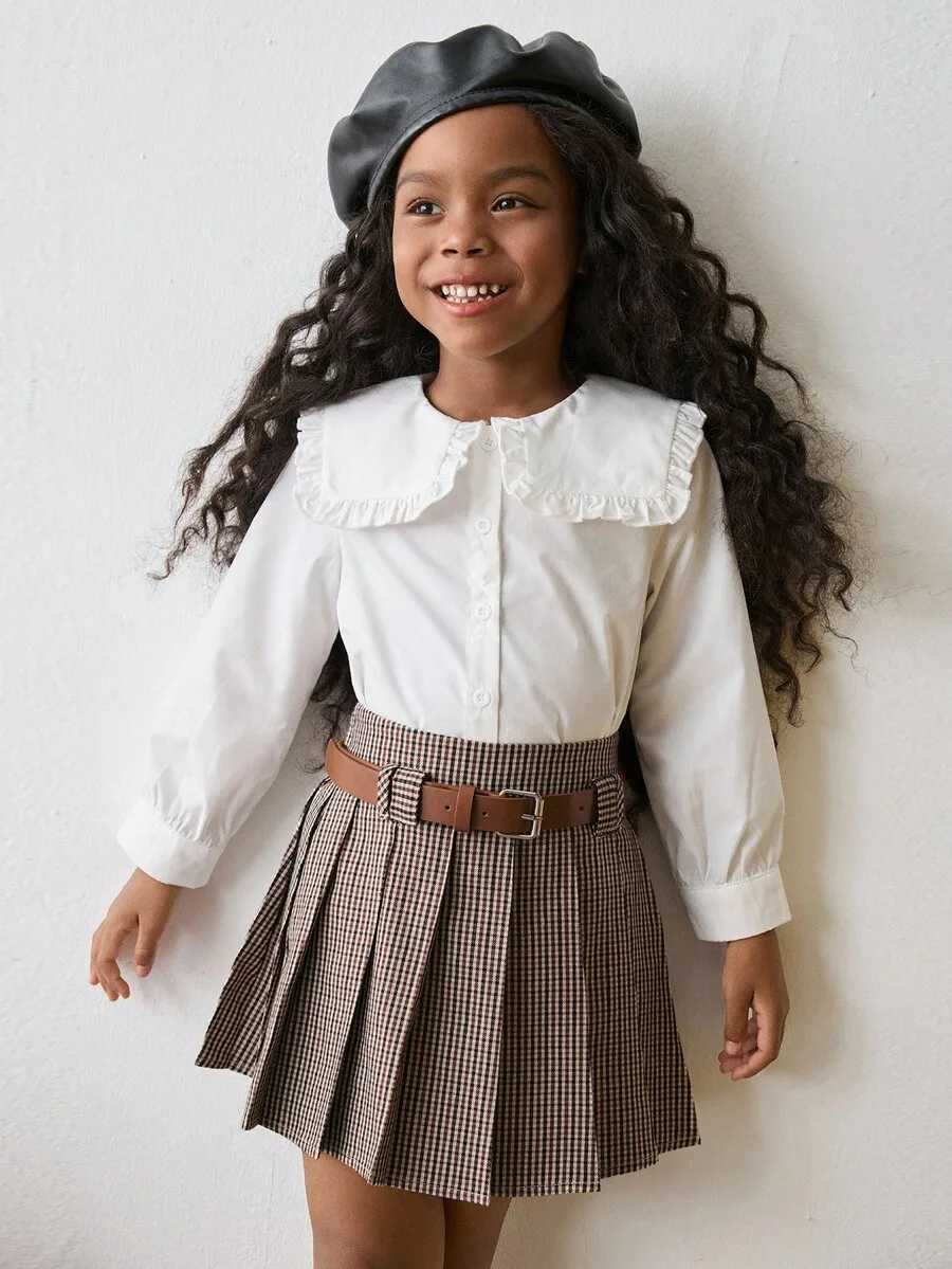 Girls Plaid Pleated Mini Skirt with Belt - Classic Checkered Design H260407