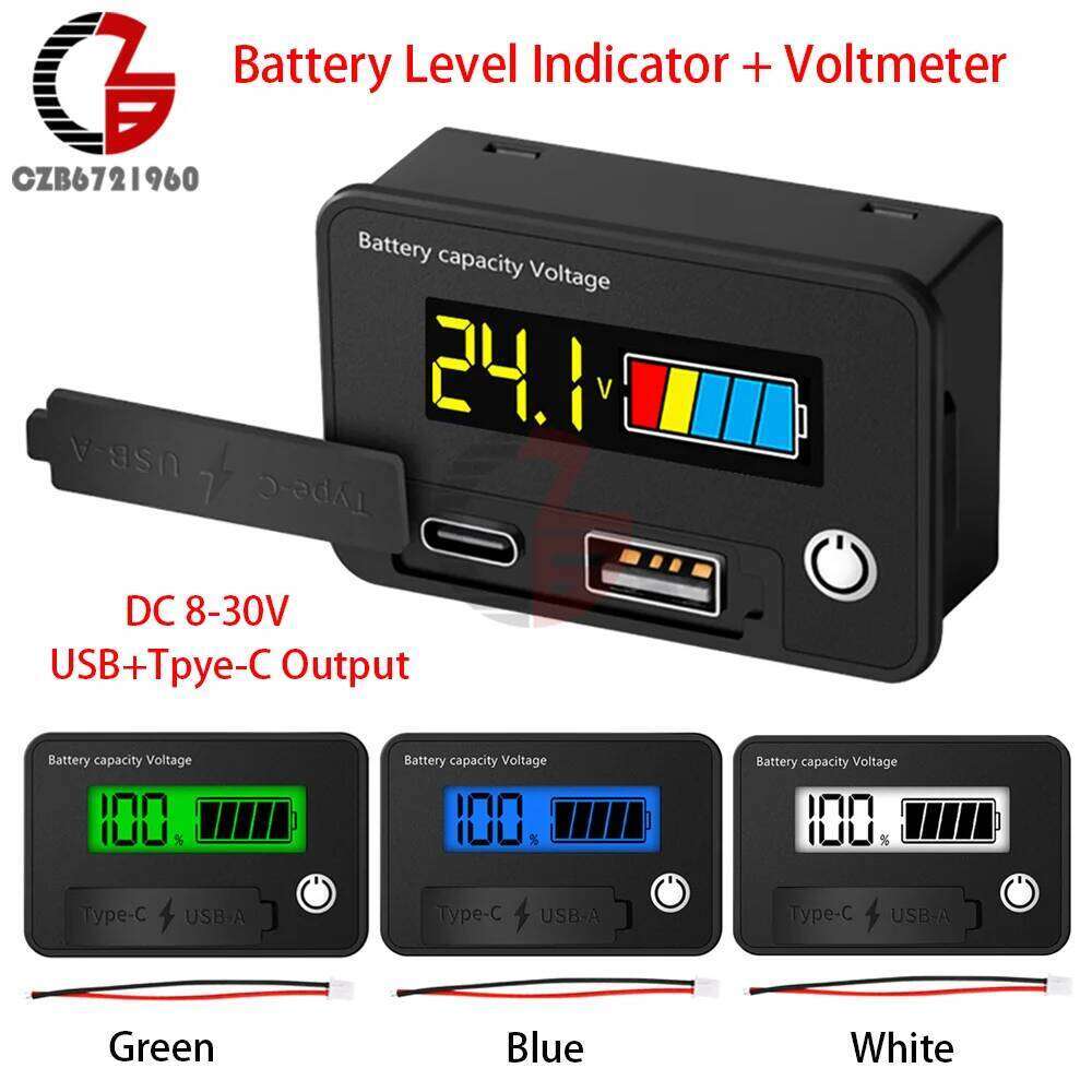 DC 8-30V Level Indicator LCD Digital Voltmeter Voltage Tester Lithium Battery Charge Capacity Meter USB+Tpye-C Output