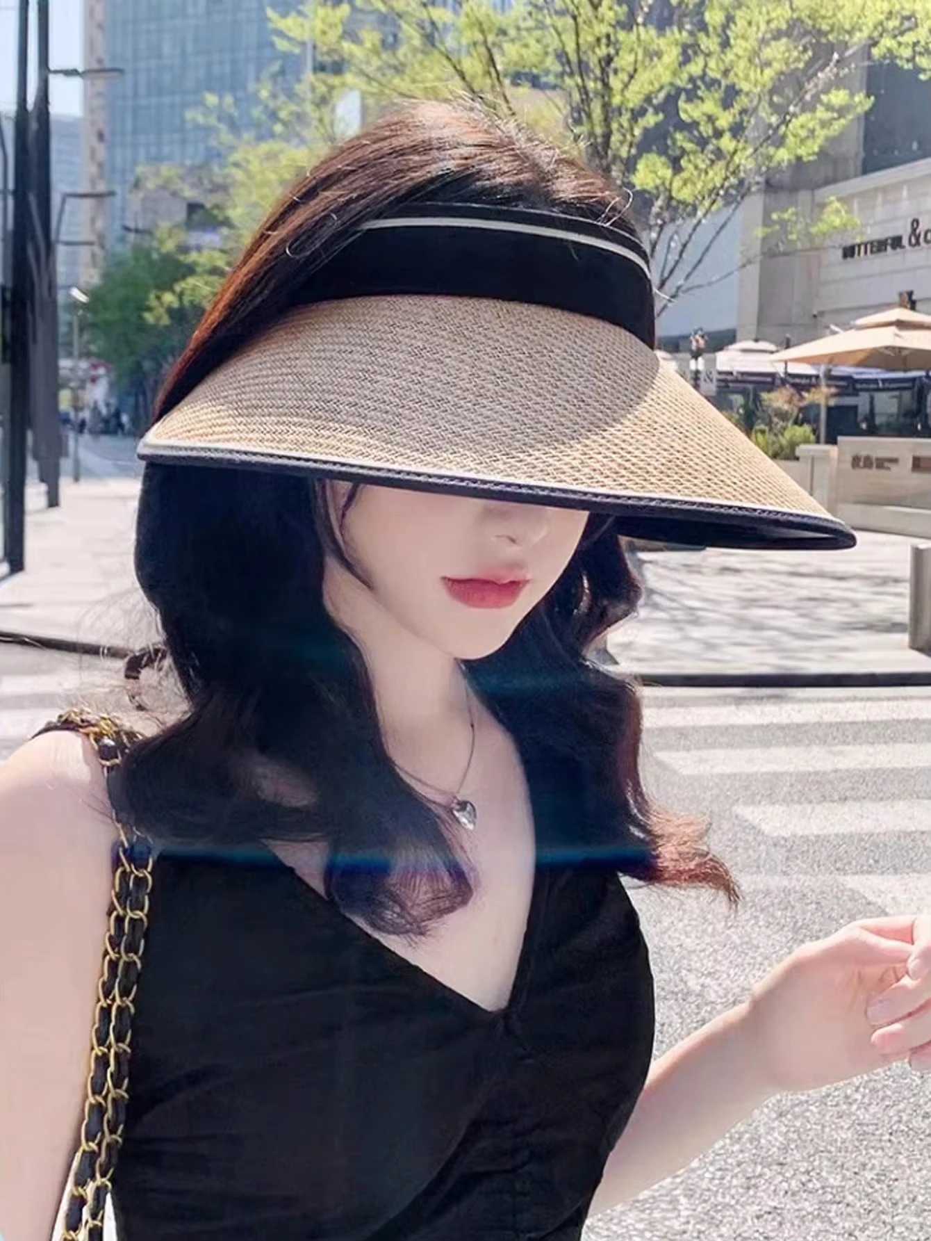 Summer new sunshade and sun protection empty top hat for female cyclists foldable straw woven hat for outdoor travel H260407