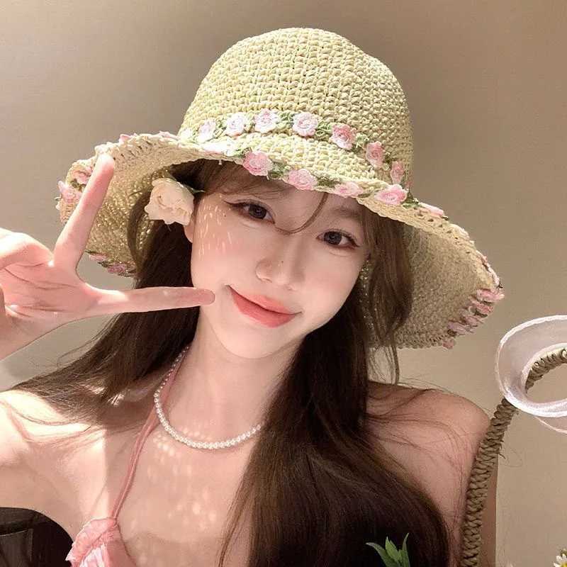 Grass Woven Flower Grass Hat Womens Big Hat Brim Summer Seaside Vacation Beach Foldable Sunshade Sun Protection Hats Women H260407
