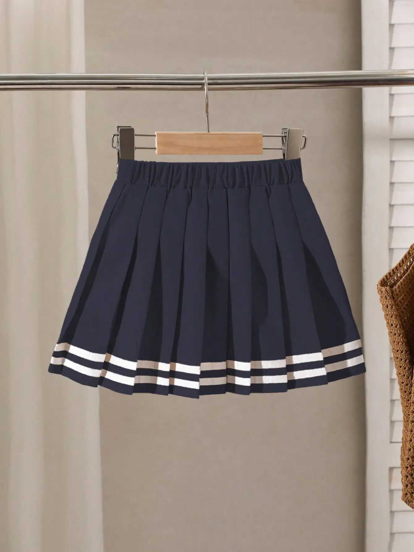 Navy Blue Pleated Skirt for Girls with White Stripe Trim and Elastic Waist H260407