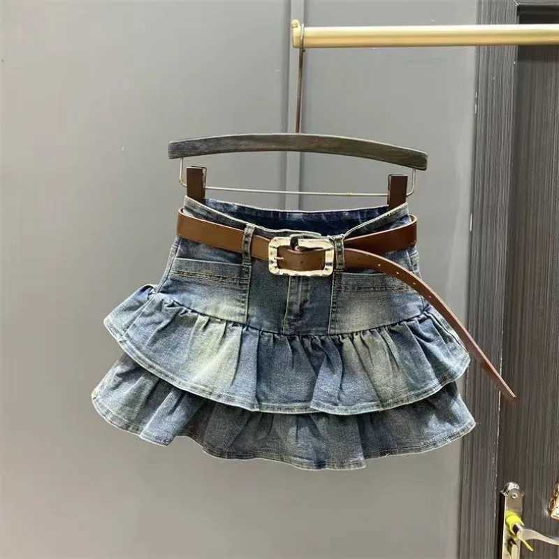 Girls short skirt summer new denim short skirt Korean version ruffled cake skirt elastic waistband A-line skirt H260407