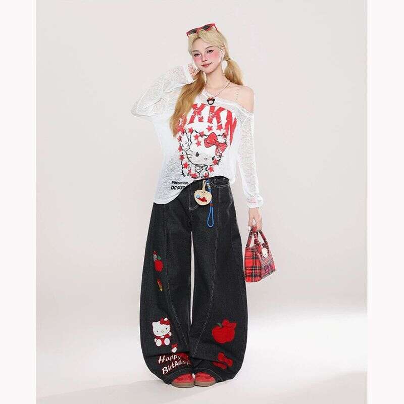 American Retro Cartoon Cat Embroidered Scythe Jeans For Women Summer New Style Loose And Slimming Wide-Leg Pants - view 5