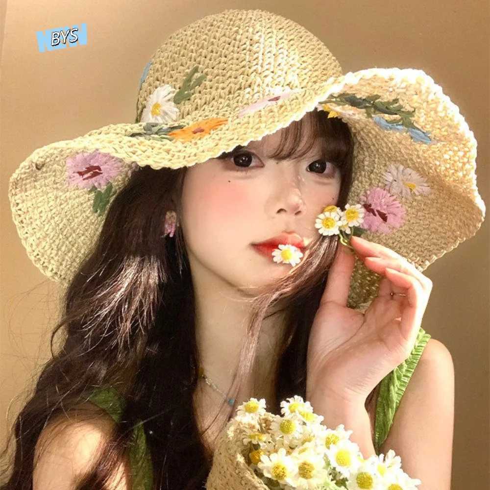 Fashion Colorful Flower Straw Hat Boho Embroidered Flower Weave Hat Foldable Korean Style Womens Sun Hats Outdoor H260407