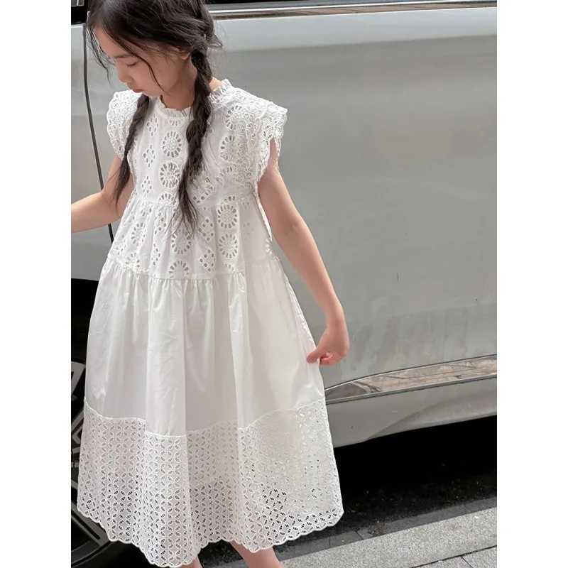 Cotton Medium To Large Childrens Clothing Lace White Dress Girls Princess Little Fresh Vest Dress 2025 Summer New Style H260407