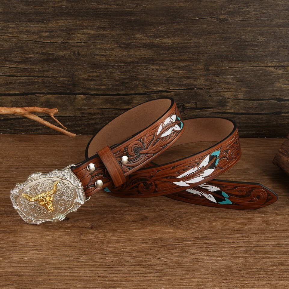 2026 Designer Luxury American Western Cowboy Vintage Carved Buckle Belt For Men And Women Trendy Animal Bull Head Pattern Belt Men's Unique Style
