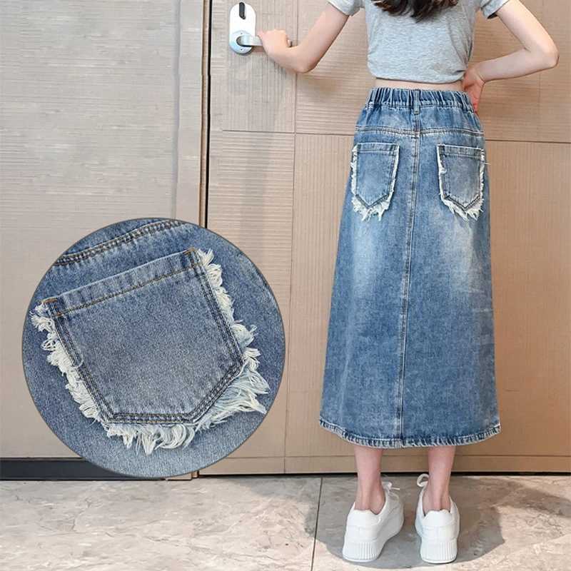 5 6 7 8 9 10 11 12 13 Year Teen Girls Denim Skirt New Fashion Korean Version Split Long Skirt Children Clothing Birthday Present H260407