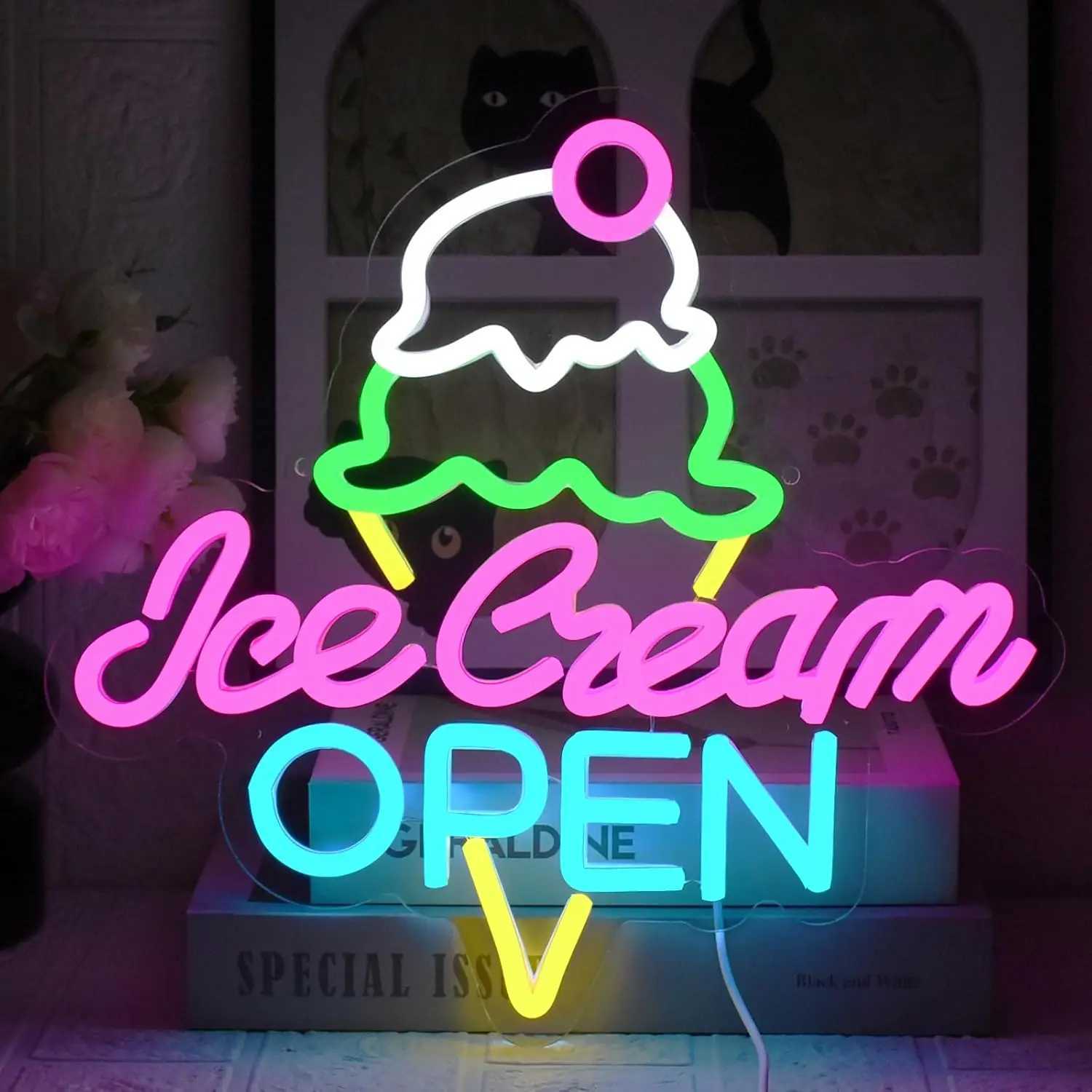 Ice Cream Open Neon Sign USB LED Neon Light for Business Store Dessert Shop Bar Party Cafe Decor Gift Light Up Sign Z260407