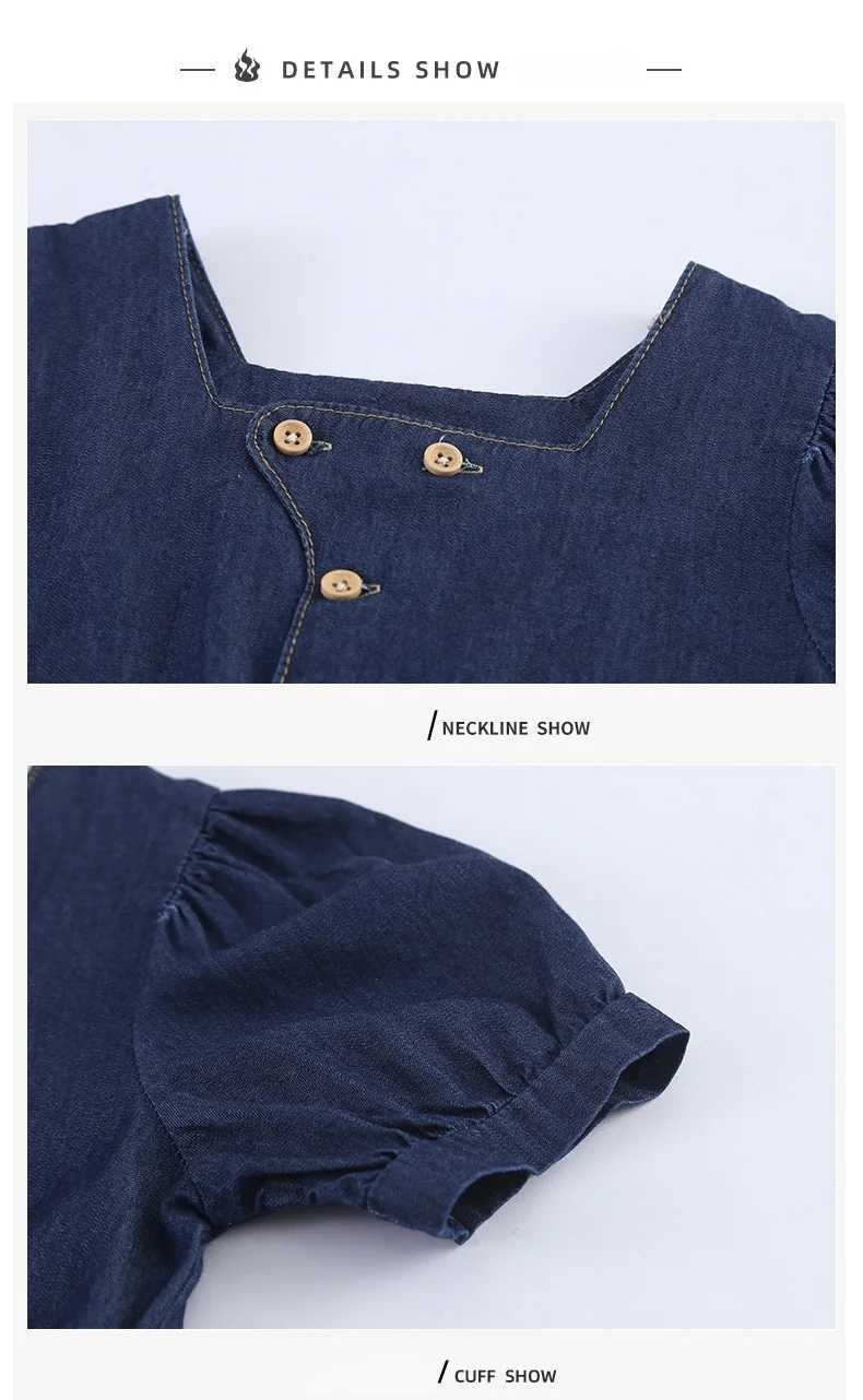 2026 Summer Cotton Denim Clothes Blue Square Neck Dress for Girls Diagonal Button TeeShorts 2Pcs Clothing for Boys H260407